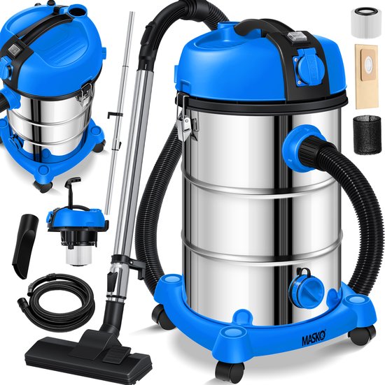 MASKO® industriële stofzuiger nat-droog roestvrij staal 2300W + stopcontact | blaasfunctie | droog en nat zuigen | Push&Clean | industriële stofzuiger met en zonder zak | zakloos - Blauw / Grijs
