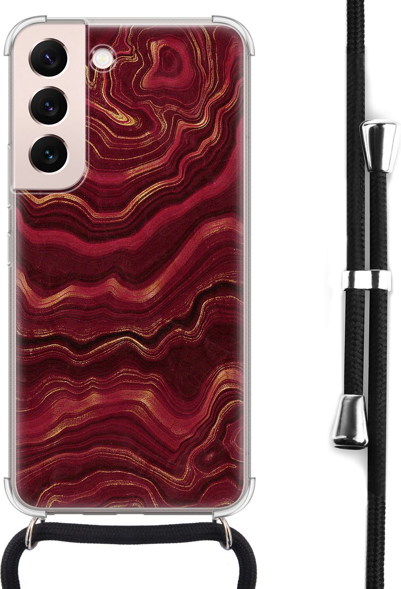 Hoesje met koord - Geschikt voor Samsung Galaxy S22 - Marmer rood agate - Verstelbaar zwart koord - Crossbody - Marmer - Transparant - Leuke Telefoonhoesjes