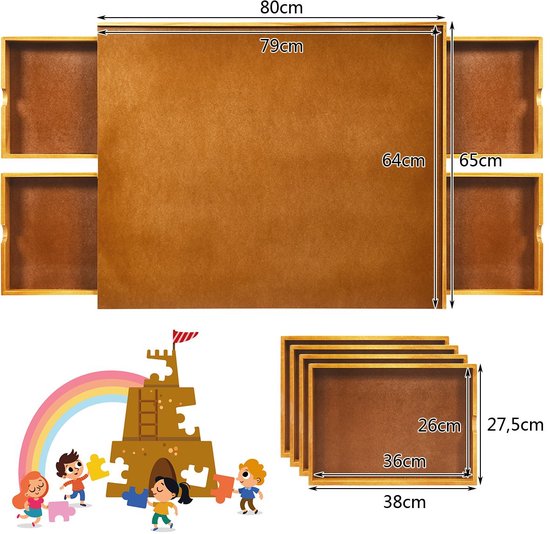 COSTWAY Table de Puzzle en Bois - Plateau de Puzzle avec Plan de Travail  Lisse et 4