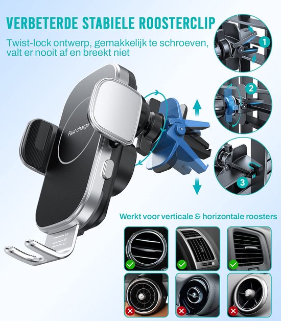 Support de téléphone de voiture Potec - Chargement sans fil 15 W - Pince de Ventilation