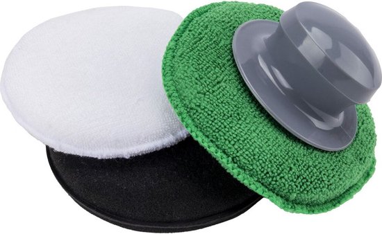 Turtle Wax poetspads: witte, zwarte en groene pad met grijze handgreep.
