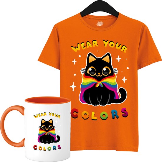 Schattige Pride Vlag Kat - Unisex T-Shirt Mannen en Vrouwen - LGBTQ+ Suporter Kleding - Gay Progress Pride Shirt - Rainbow Community - T-Shirt met mok - Unisex - Oranje - Maat M