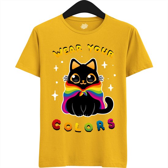 Schattige Pride Vlag Kat - Unisex T-Shirt Mannen en Vrouwen - LGBTQ+ Suporter Kleding - Gay Progress Pride Shirt - Rainbow Community - T-Shirt - Unisex - Geel - Maat 3XL