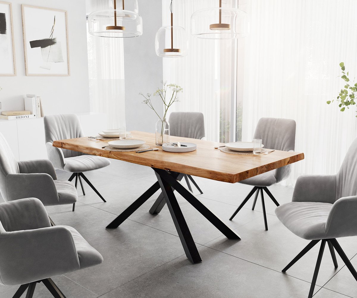 DELIFE Eettafel Edge acacia natuur 200x100 XL kruisframe rechthoek zwart Live-Edge eettafel Bruin