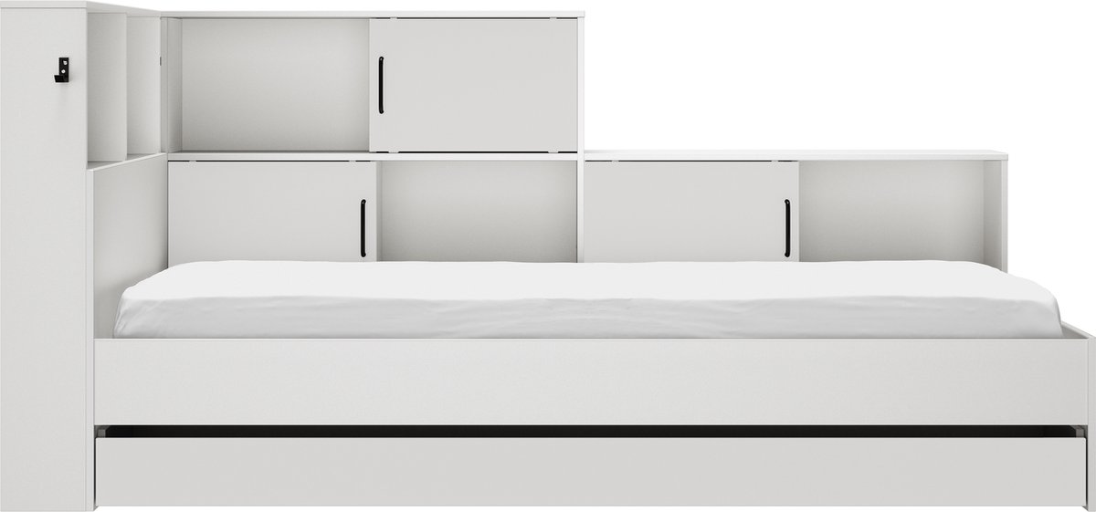 Tienerbed Erwann Wit met opbergruimte - 90x200 en Lattenbodem