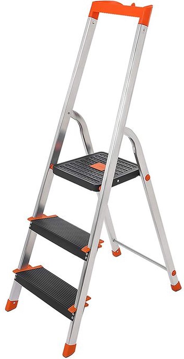 Rootz Ladder - Trapladder - Ladder Met 3 Treden - Opvouwbare Trapladder - Draagbare Trapladder - Keukentrap - Badkamertrap - Lichtgewicht Trapladder - Zilver/Zwart/Oranje - 42 x 56 x 122 cm