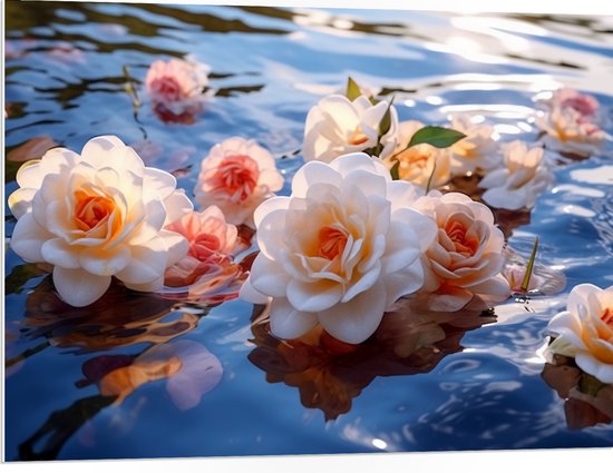 PVC Schuimplaat - Camellia Bloemen in het Water - 100x75 cm Foto op PVC Schuimplaat (Met Ophangsysteem)