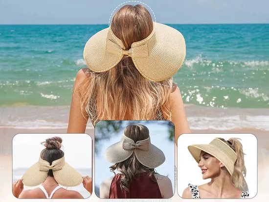 Strandhoed - wit - zonneklep - rieten hoed - raffia hoed - ibiza - oprolbaar - zonnebescherming - strohoed -