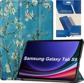 Tablethoes en Screenprotector geschikt voor Samsung Galaxy Tab S9 (2023) - Tri-fold hoes met Auto/Wake functie en Magnetische sluiting - Witte Bloesem