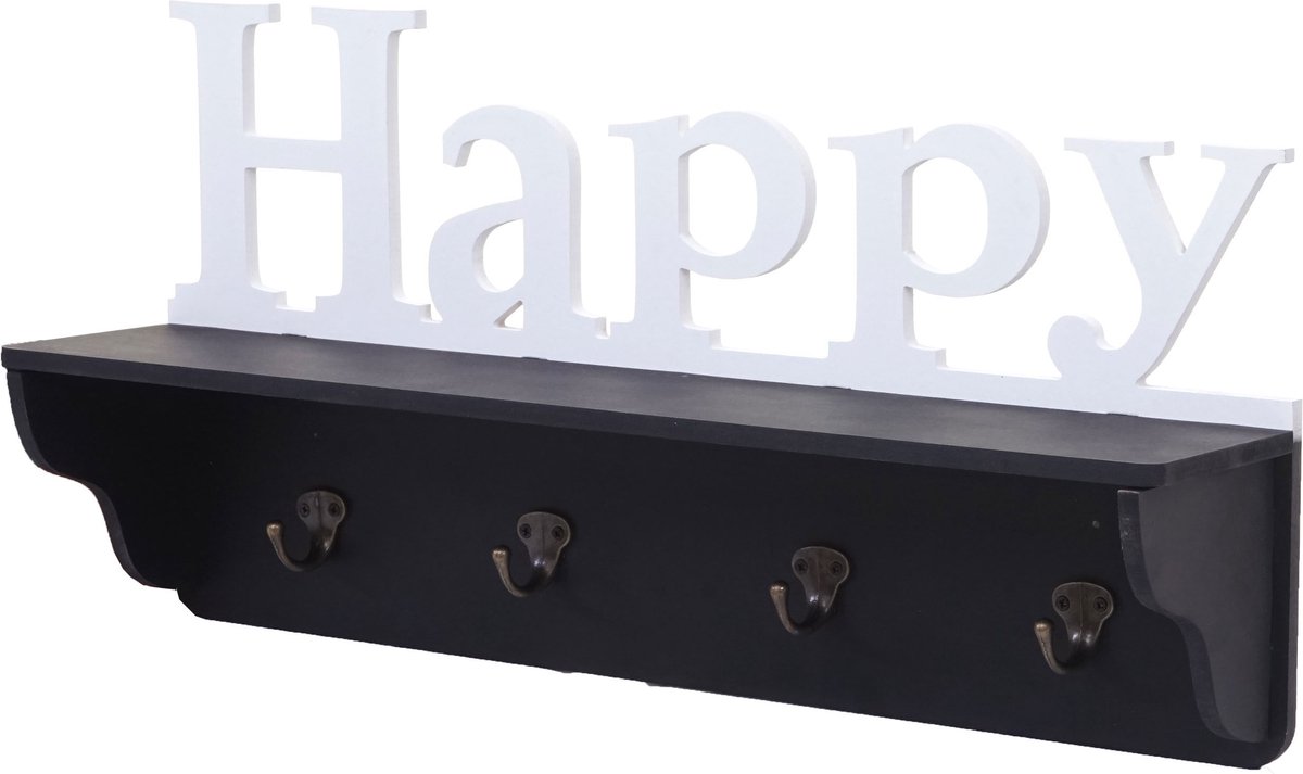 MCW Wandkapstok MCW-D41 Happy, kapstok plank, 4 haken solide 30x60x13cm ~ zwart/wit