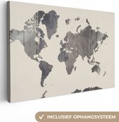 Canvas Wereldkaart - 60x40 - Wanddecoratie Wereldkaart - Hout - Grijs