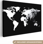 Canvas Wereldkaart - 180x120 - Wanddecoratie Wereldkaart - Zwart - Wit - Leeuw