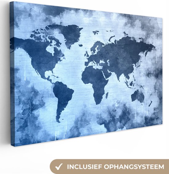 Canvas Wereldkaart - 90x60 - Wanddecoratie Wereldkaart - Kleur - Blauw