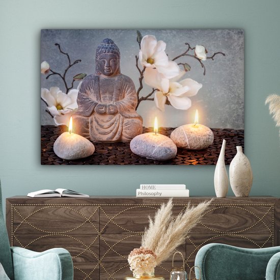 Peintures sur toile Bouddha - Bougies - Grijs - 120x80 cm - Décoration murale