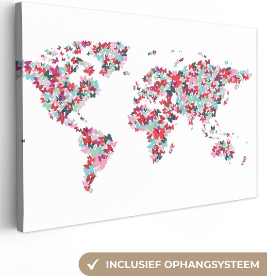 Canvas Wereldkaart - 90x60 - Wanddecoratie Wereldkaart - Kleuren - Vlinders - Kinderen - Jongens - Meisjes