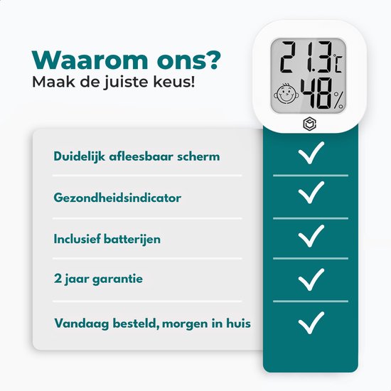 Ease Electronicz Hygrometer - Weerstation - Luchtvochtigheidsmeter - Thermometer Voor Binnen - Incl. Batterij en Plakstrip