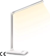 Dimbare LED Bureaulamp met 5 Kleuren & 10 Helderheidsniveaus, USB-Oplaadpoort, Ideale Leeslamp voor Lezers, Kinderen en Kantoor - Stijlvol Aluminium Ontwerp in Zilver