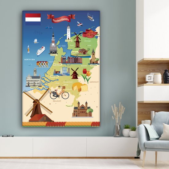 Carte des Nederland avec des vues 120x180 cm - Tirage photo sur Toile (Décoration murale salon / chambre) XXL / Groot format!