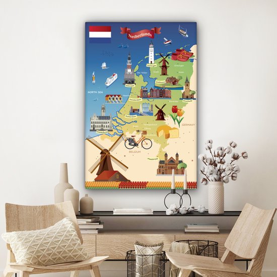 Carte des Nederland avec des vues 90x140 cm - Tirage photo sur toile (Décoration murale salon / chambre)