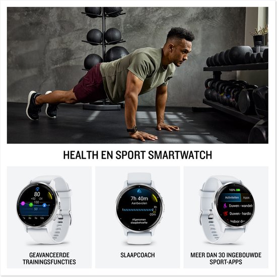 Collage met een man die push-ups doet, en witte smartwatches met geavanceerde trainingsfuncties, slaapcoach en sport-apps.