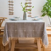 Modern eenvoudig gestreept tafelkleed, met kwastjes, katoen, linnen, voor buiten, afwasbaar, keukentafelafdekking voor eettafel (grijs rooster, rechthoekig/ovaal, 140 x 180 cm)