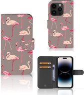 Hoesje met naam Geschikt voor iPhone 15 Pro Wallet Book Case Flamingo