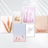 Set van 6 premium posters (4x A4 en 2x A5) '' Pastelroze bloemen '' | Wall Art Home Decor voor slaapkamer en woonkamer en keuken en eetkamer | 6 moderne muurschilderingen | ZONDER fotolijst