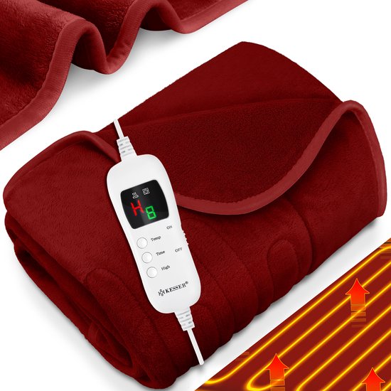 KESSER® Elektrische Warmtedeken | pluche elektrische onderdeken | Deken met timer die | automatisch uitschakelt | warmte-onderdeken | 9 temperatuurstanden - Bordeaux, XXL (200 x 180 cm)