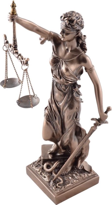 Justitia Romeinse Godin van Rechtvaardigheid - Veronese Design - Bronskleurig beeld - Hoogte 33cm - Vrouwe Justitia van Veronese Design met blauw doorschijnende jurk -
