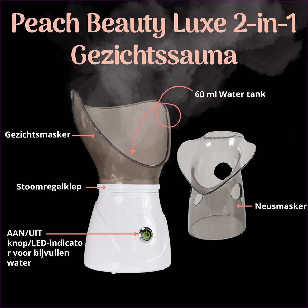 Gezichtsstomer 2-1 Set - Mee Eters Verwijderen - Blackhead Remover - Stoom Inhalator - Gezichtsreiniger Elektrisch - Gezichtssauna - Gezichtsverzorging Vrouwen / Mannen - Wit - Peach Beauty — cadeau in Verzorging - foto 4