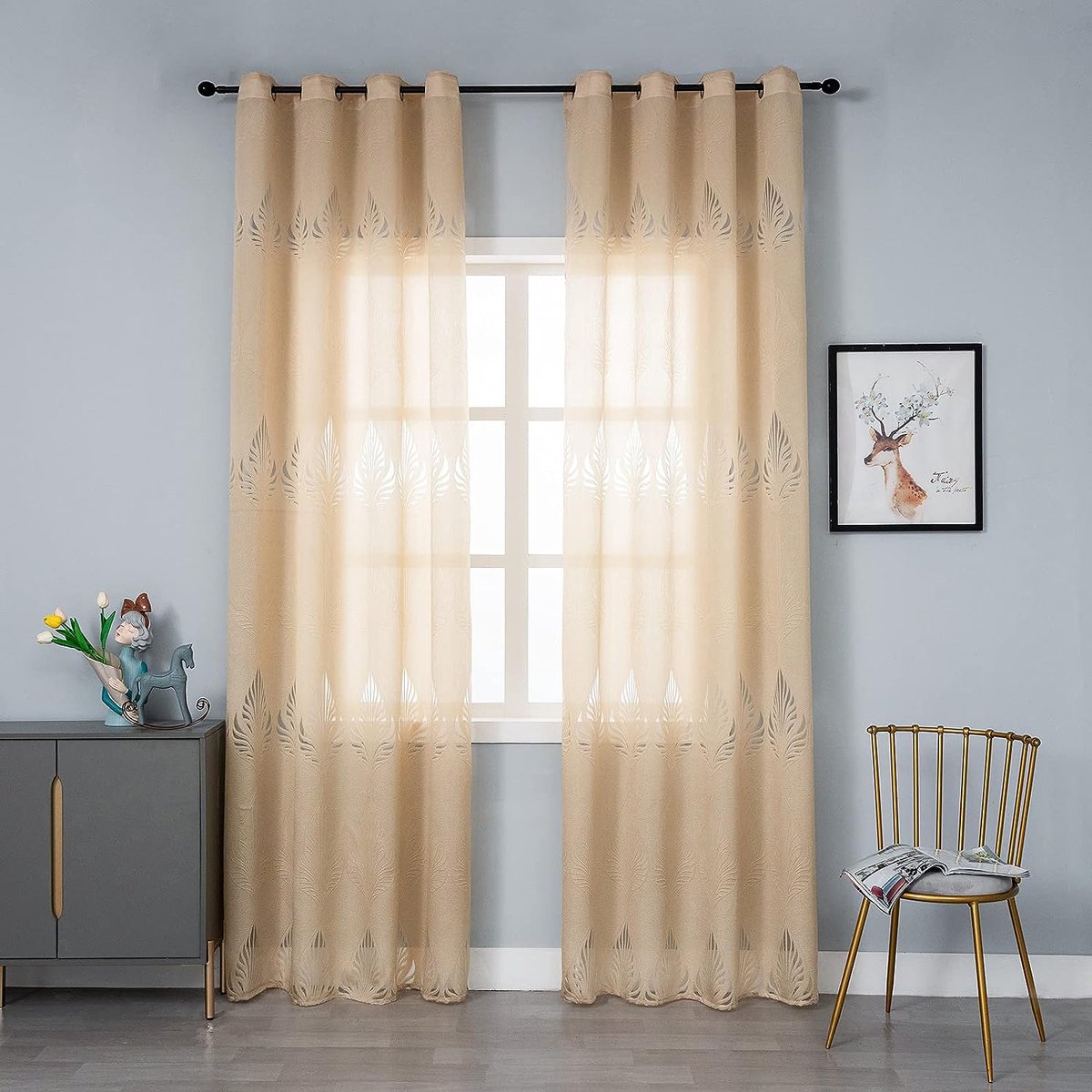 Gordijngordijn, bladeren, jacquard winkel, gordijnen, semi-transparant, stof, voile, decogordijn, lichtdoorlatend, raamgordijn, gordijn met ogen, zacht, 140 x 245 (b x h) cm, beige (1 stuk) op Prijzenvolger.com
