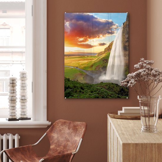 Peinture sur verre - Photo sur verre - Cascade - Rocher - Coucher de soleil - Verre acrylique - Peinture sur Verres - Décoration murale - Feuille acrylique - 60x80 cm - Décoration murale