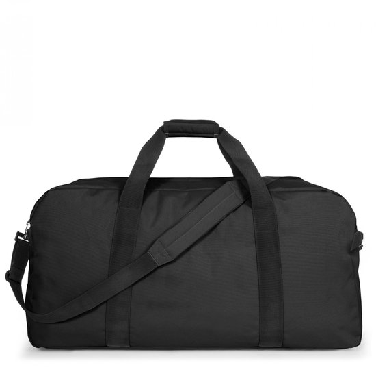 Zwarte Eastpak reistas, van de zijkant gezien, met schouderband.