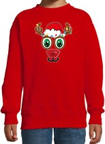 Bellatio Decorations kersttrui/sweater voor kinderen - Rudolf gezicht - rendier - rood - Kerstdiner 152/164