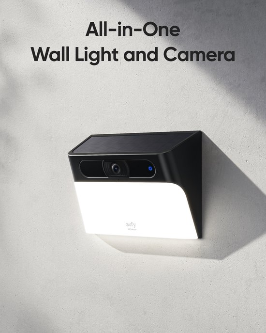 Eufy Security all-in-one wandlamp en camera, bevestigd aan een grijze muur.