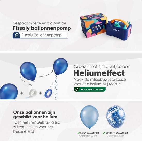 Fissaly ballonnenpomp en doos, met demonstratie van lijmpuntjes om een helium-effect te creëren. Ballonnen geschikt voor helium: latex groter dan 22cm, confettiballonnen groter dan 26cm.