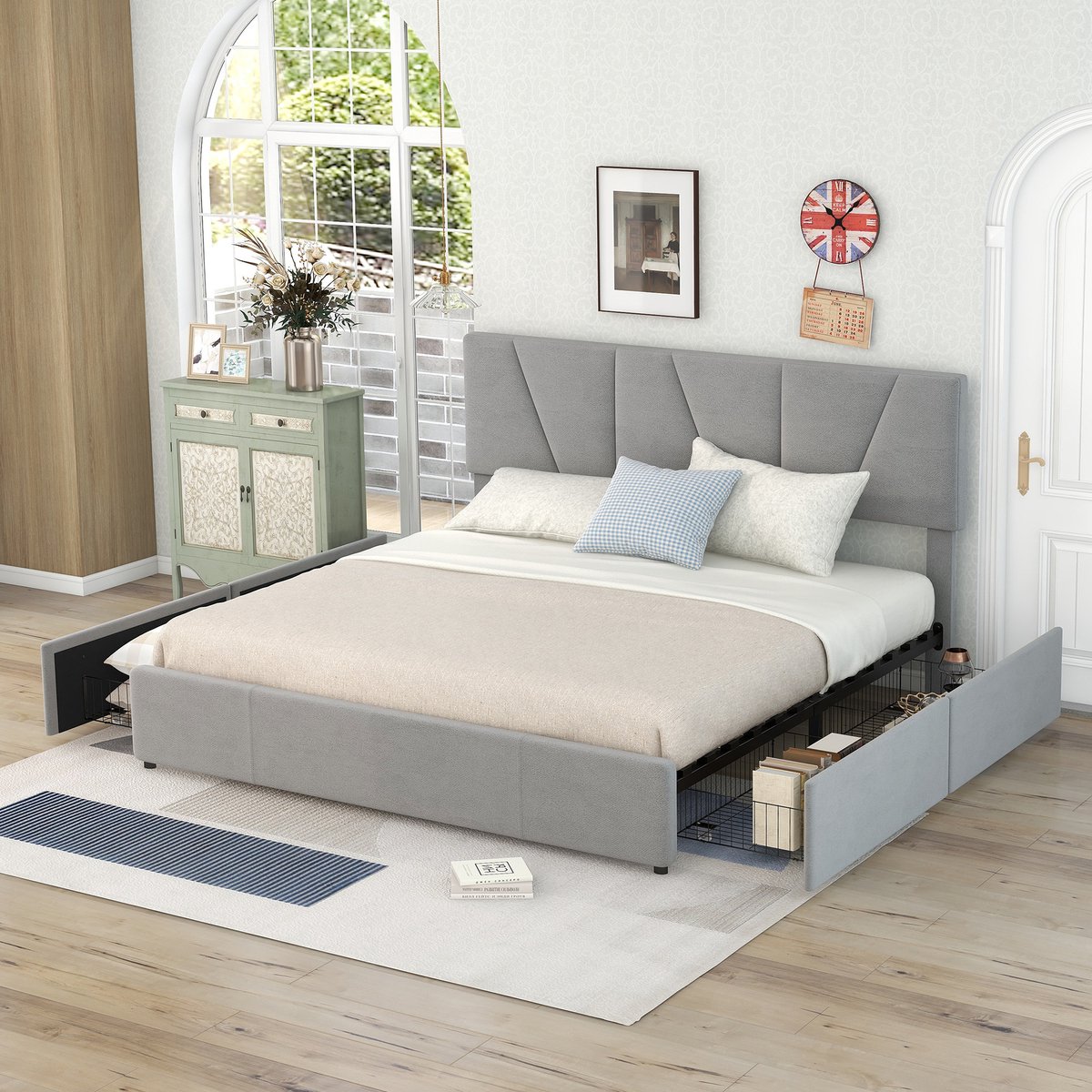 Tweepersoonsbed gestoffeerd bed - kingsize gestoffeerd platformbed met vier laden aan twee zijden - verstelbaar hoofdeinde - grijs 160 x 200 cm