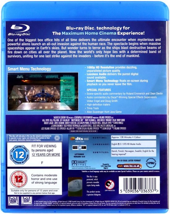 Achterkant Blu-Ray Independence Day met filminformatie, technische specificaties en beoordelingslogo's.
