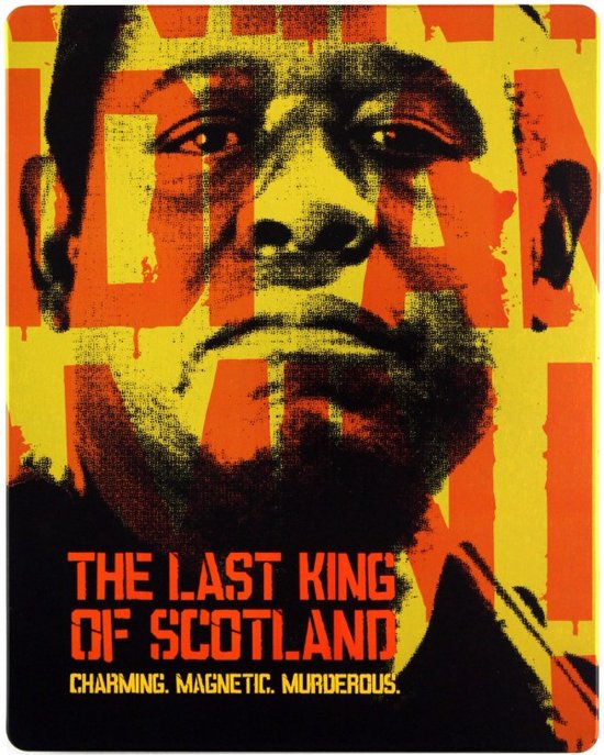 Close-up van een gezicht, met de tekst 'The Last King of Scotland' eroverheen.