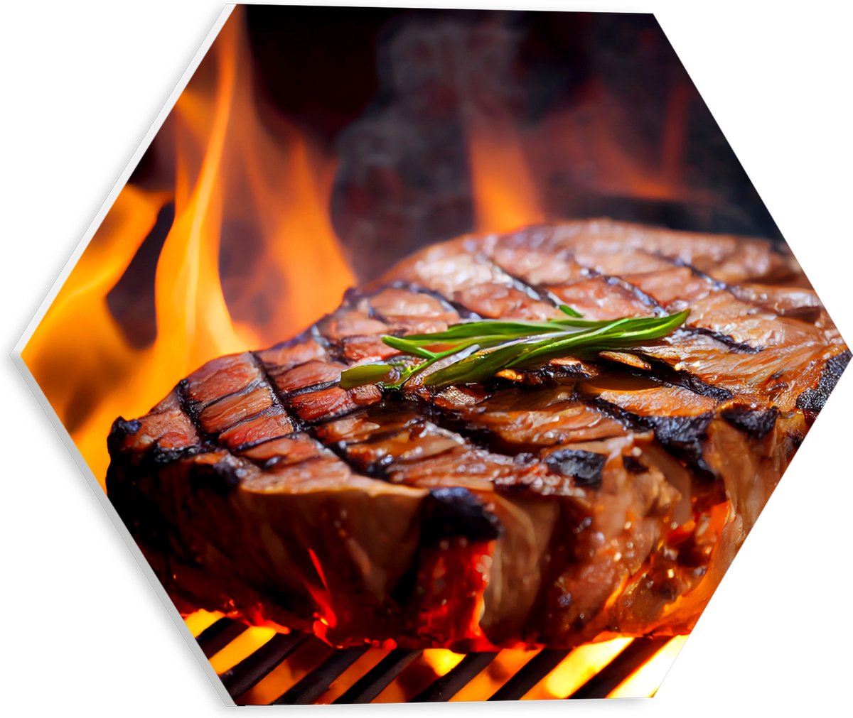 PVC Schuimplaat Hexagon - Brandende Steak op Barbecue - 30x26.1 cm Foto op Hexagon (Met Op