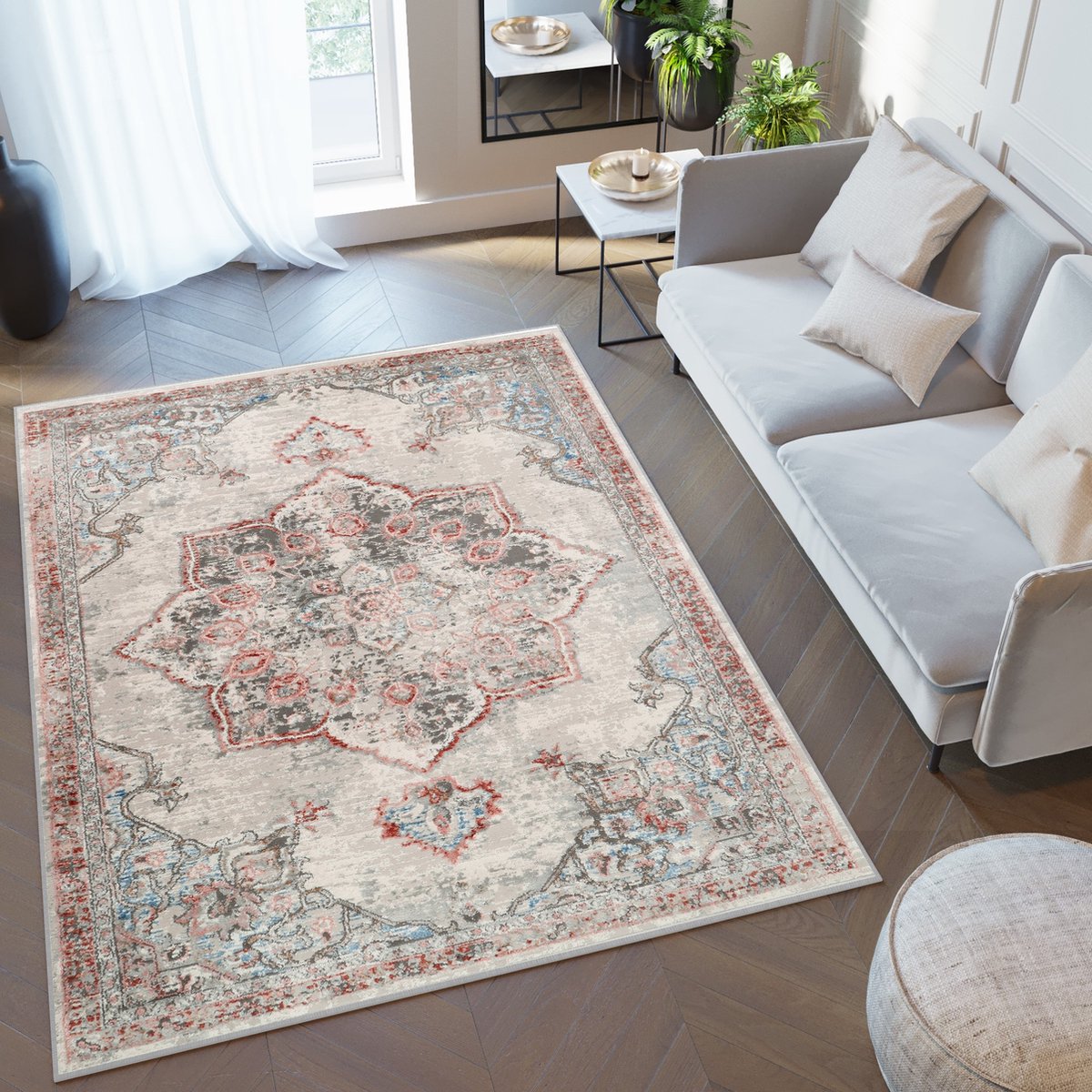Tapiso Retro Vloerkleed Retro Rood Grijs Lotusbloem Vintage Tapijt Maat- 160x220 Beige Rood 3
