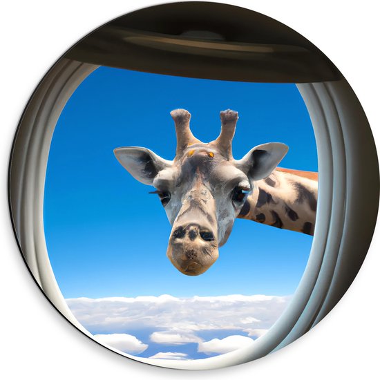 Dibond Muurcirkel - Giraffe boven de Wolken bij Vliegtuigraam - 30x30 cm Foto op Aluminium Muurcirkel (met ophangsysteem)
