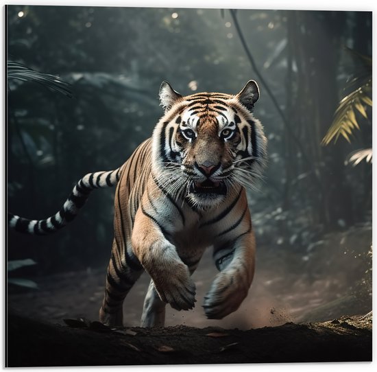 Dibond - Aanvallende Tijger in Donkere Jungle - 50x50 cm Foto op Aluminium (Met Ophangsysteem)