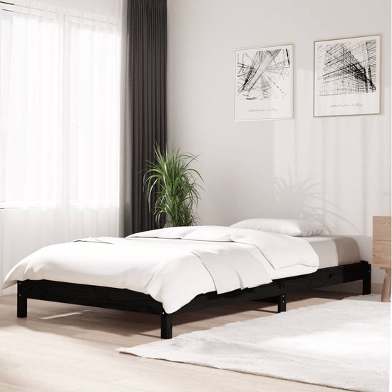 The Living Store Bedframe - Stapelbaar - Massief grenenhout - 206.5 x 86.5 x 22 cm - Zwart