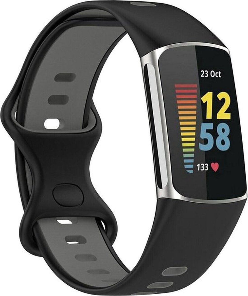 Shop4 - Geschikt voor Bandje voor Fitbit Charge 5 - Siliconen Geperforeerd Zwart en Grijs