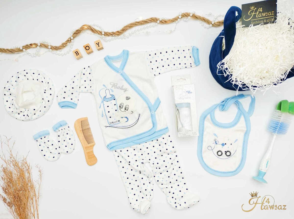 Goedkoopste Kraamcadeau 9 stuks - Babyset - Geboortecadeau - babyshower - Kraampakket - Baby verzorging - Babygeschenkset - Houten kam - Slabbetje - Babykleding - Baby zuig flesje glas King Bear