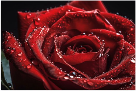 Poster Glanzend – Grote Rode Roos met Waterdruppels erop - Bloemen - 90x60 cm Foto op Posterpapier met Glanzende Afwerking