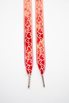 Schoenveter plat - rood met witte hartjes - 120cm met zilveren nestels
