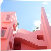 PVC Schuimplaat - Onderaanzicht van Compleet Roze Gebouw - 80x80 cm Foto op PVC Schuimplaat (Met Ophangsysteem)
