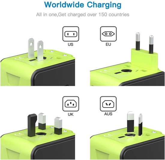 FEDEC Universele Wereldstekker met 4 USB Poorten - Internationale Reisstekker voor 150+ landen - Oplader – Zwart